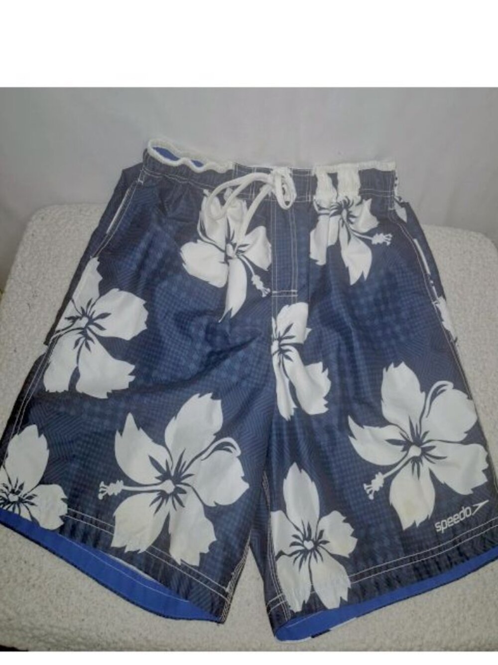 Speedo Men's swim trunks, Blue/white tropical design, net lining, LG./ 32" Waist